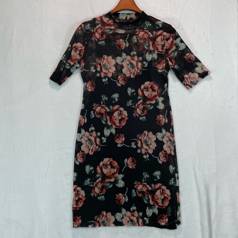 Mock neck sheer‎ mini length dress with roses print size medium lined